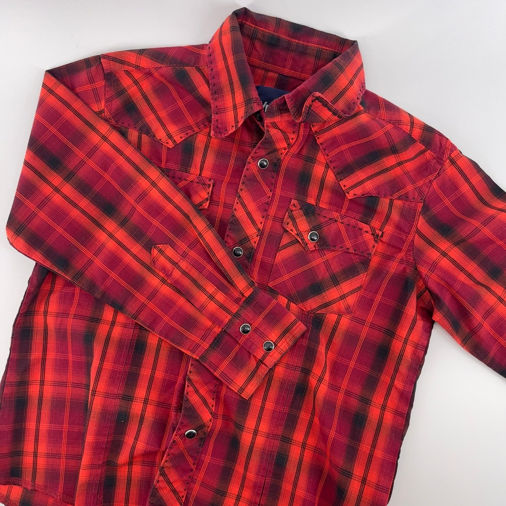 Wrangler Red Plaid Western Shirt -‎ Long Sleeve Kids Button Up Small